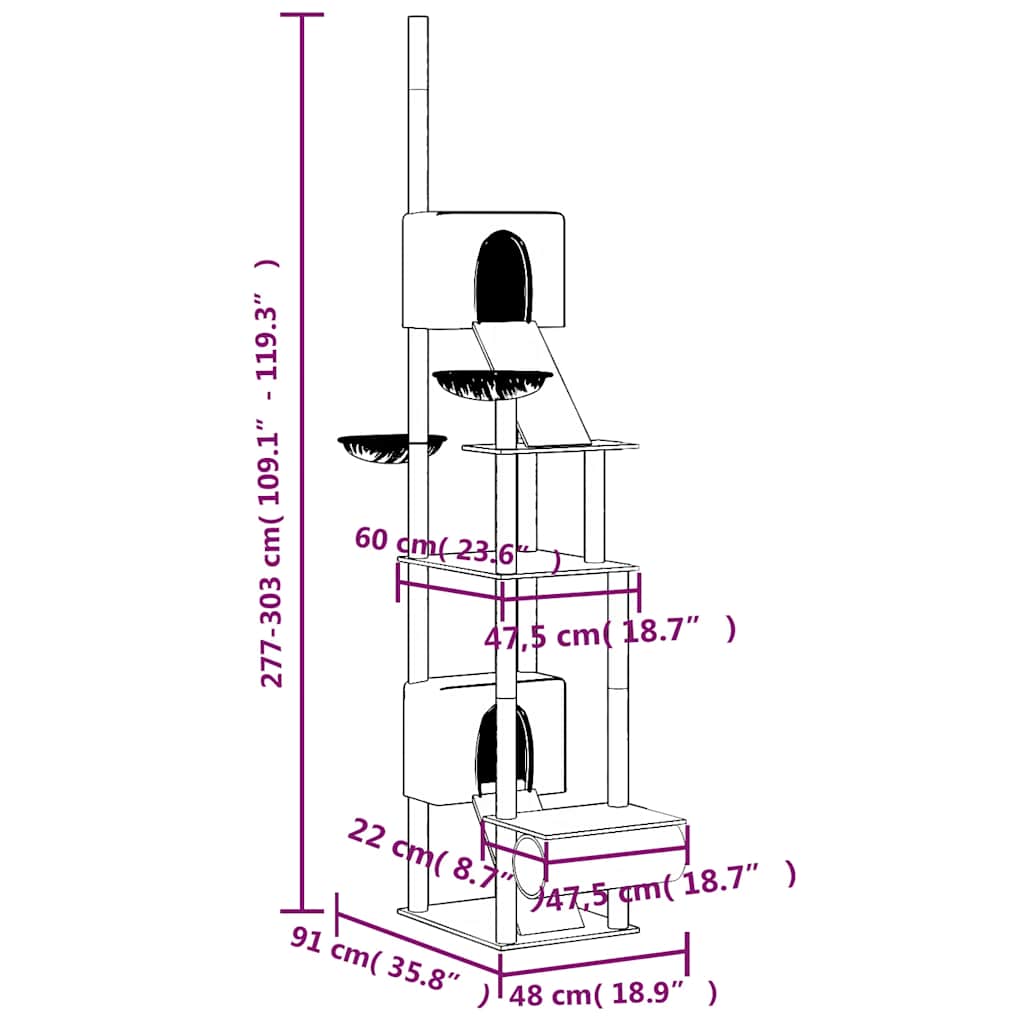 vidaXL Drzewko dla kota, od podłogi po sufit, kremowe, 277-303 cm