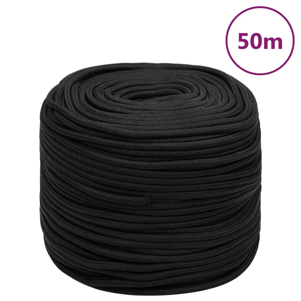 vidaXL Linka żeglarska, czarna jednolita, 10 mm, 50 m, polipropylen