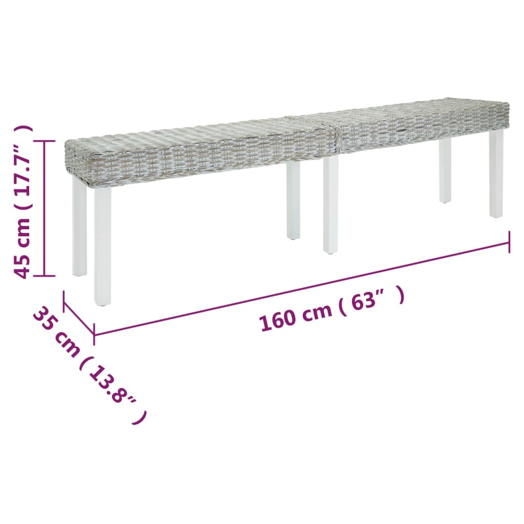 vidaXL Ławka biała, 160x35x45 cm, naturalny rattan kubu i drewno mahoniowe