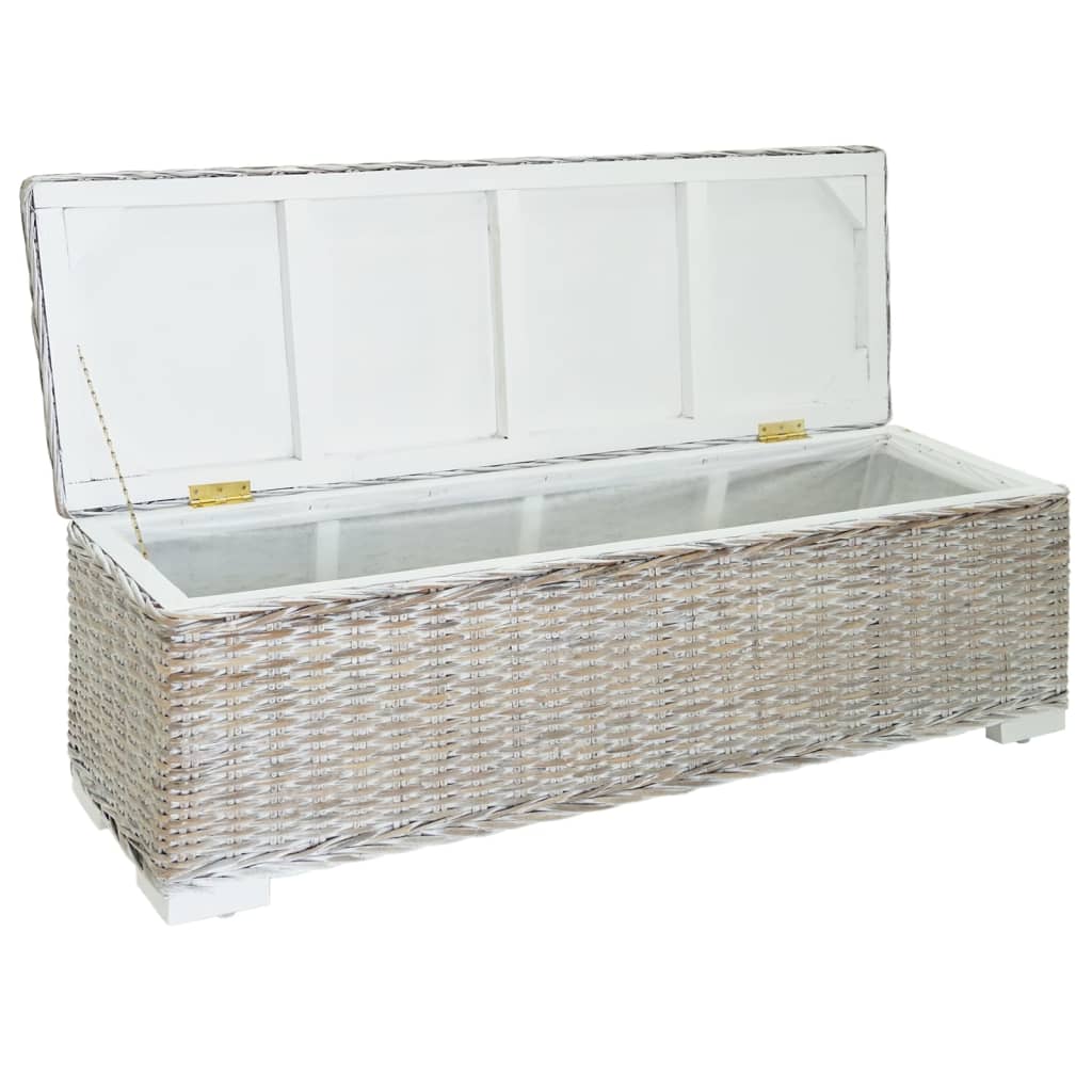 vidaXL Skrzynia, biała, 110 cm, naturalny rattan kubu i drewno mahoniowe