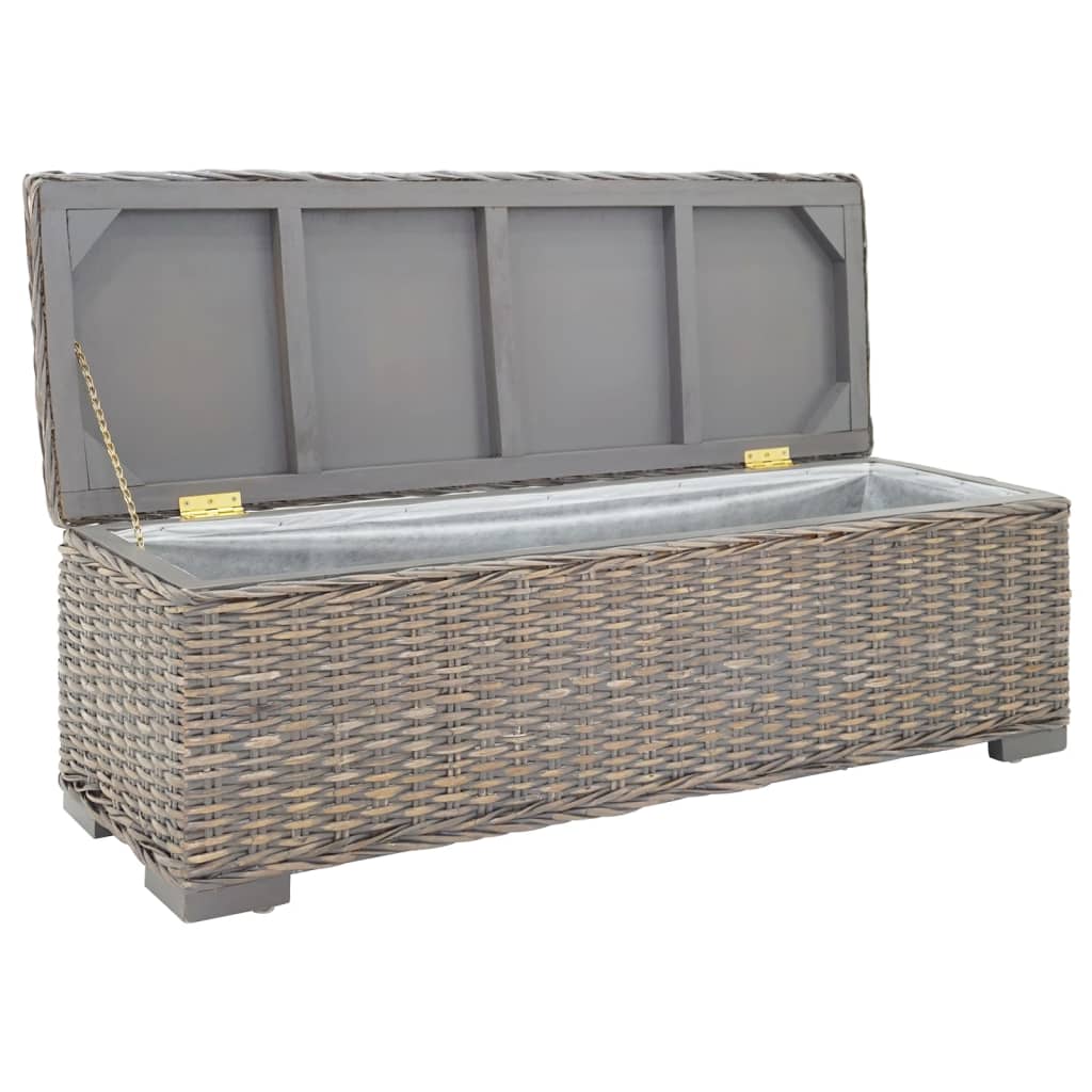 vidaXL Skrzynia, szara, 110 cm, naturalny rattan kubu i drewno mahoniowe