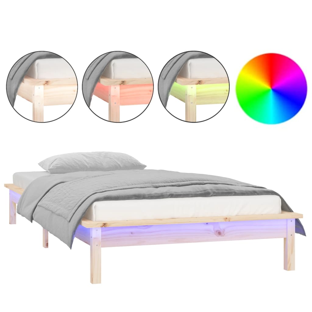 vidaXL Rama łóżka z LED, 90 x 200 cm, lite drewno