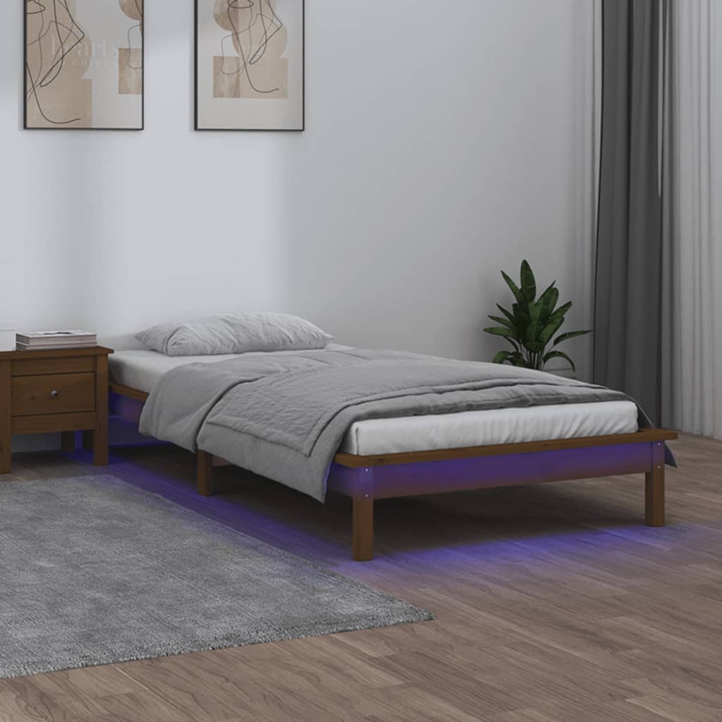 vidaXL Rama łóżka z LED, miodowy brąz, 90x200 cm, lite drewno