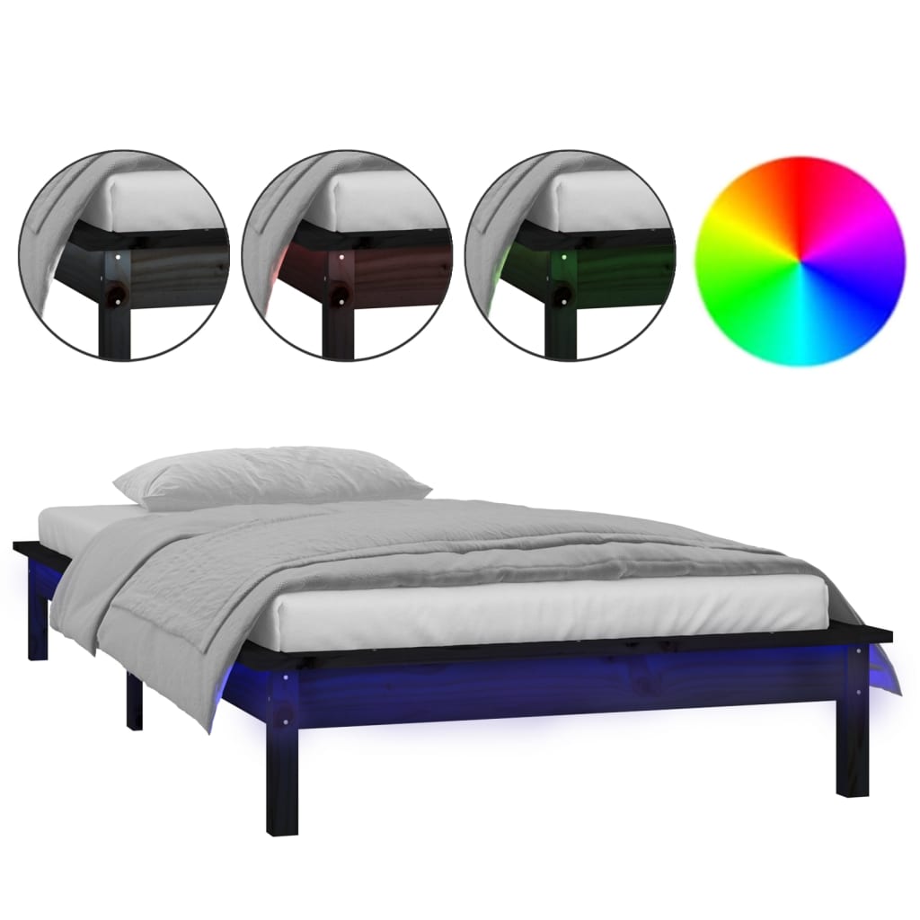 vidaXL Rama łóżka z LED, czarna, 90x200 cm, lite drewno