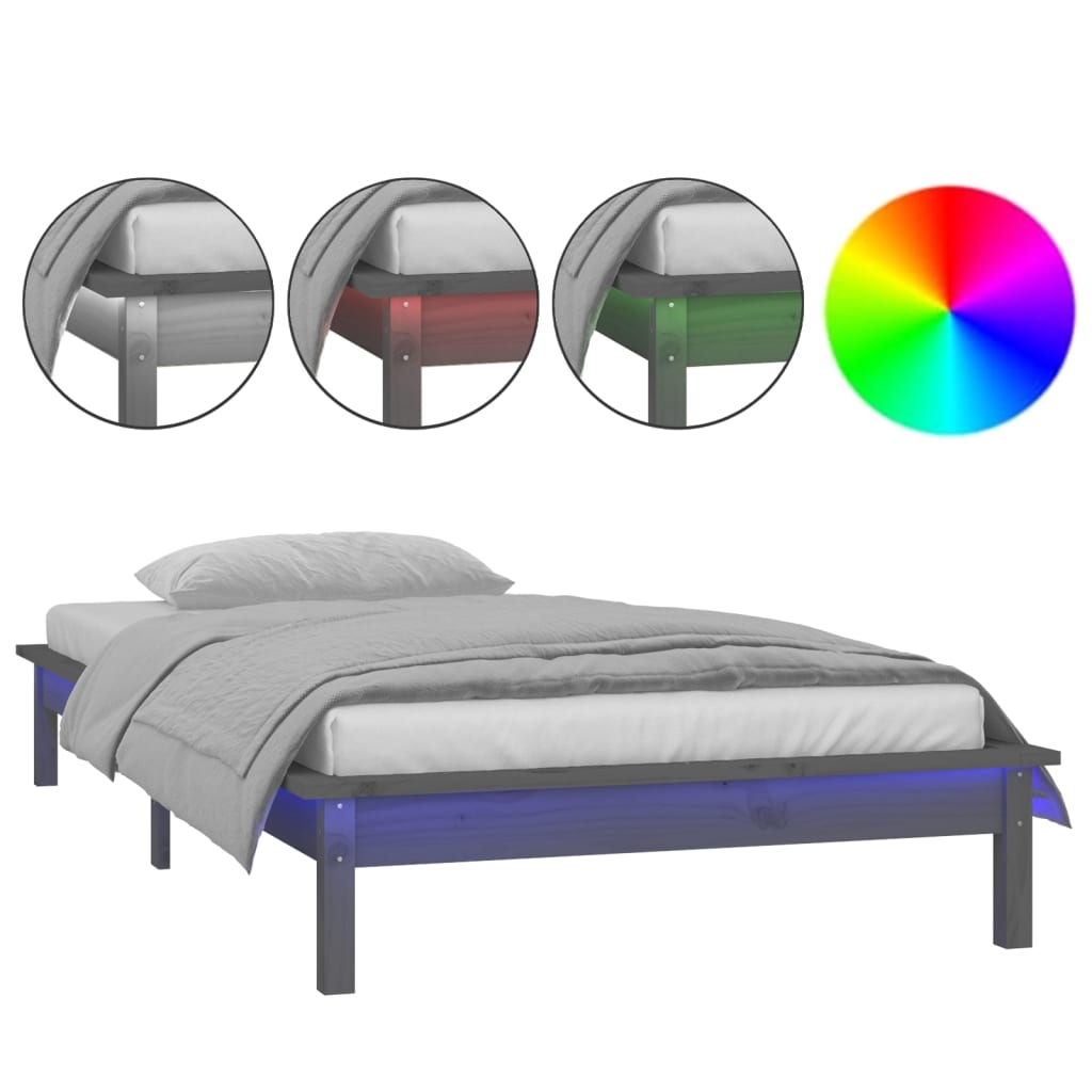 vidaXL Rama łóżka z LED, szara, 100x200 cm, lite drewno