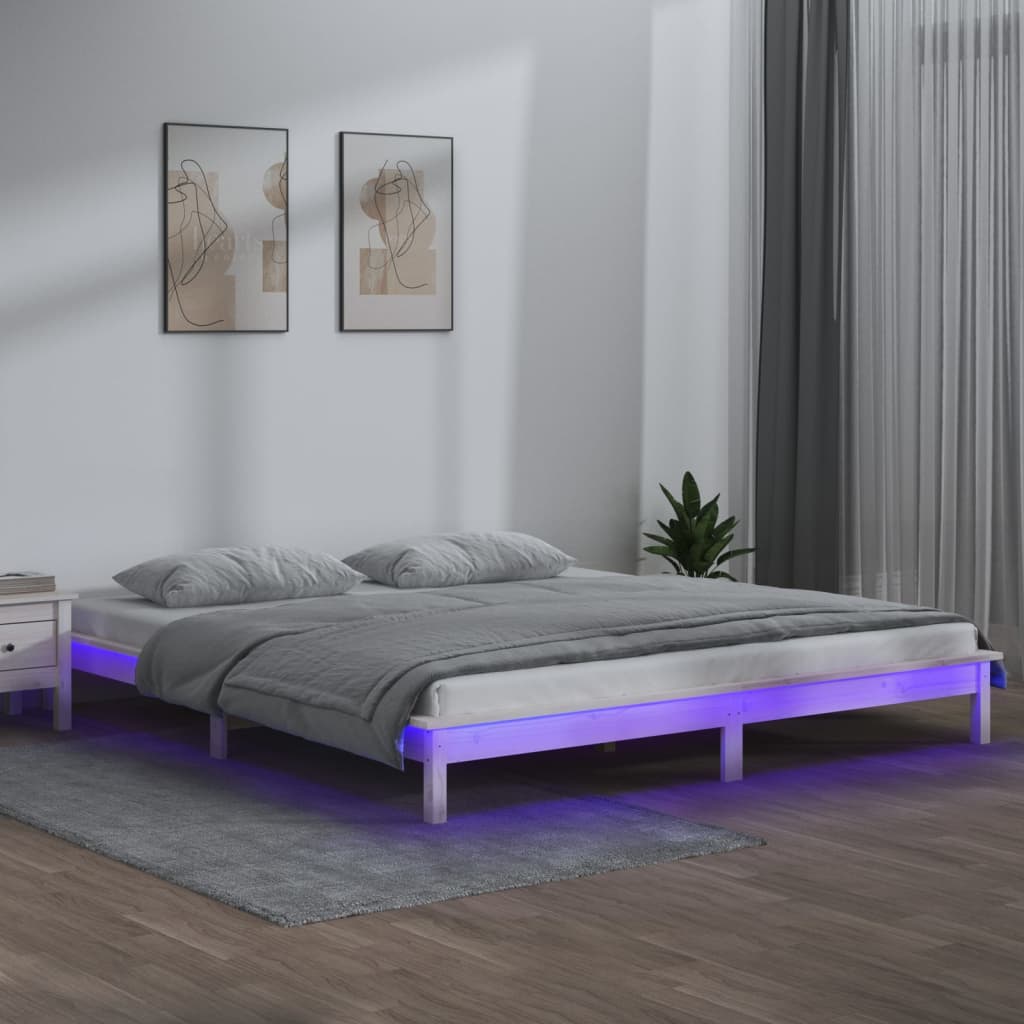 vidaXL Rama łóżka z LED, biała, 120x200 cm, lite drewno