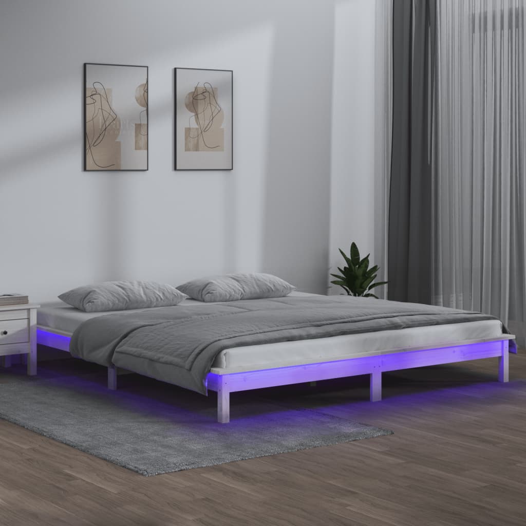 vidaXL Rama łóżka z LED, biała, 140x200 cm, lite drewno