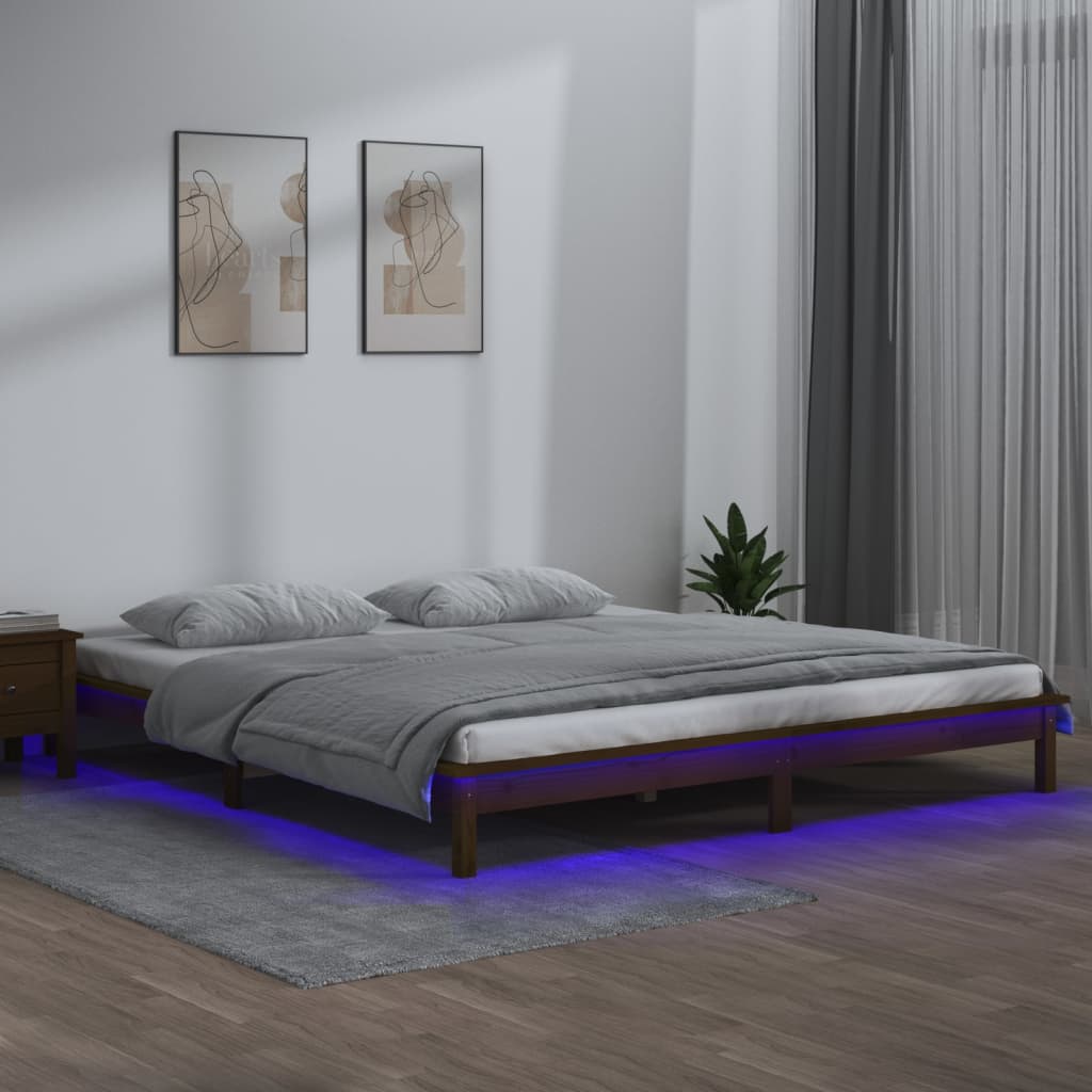vidaXL Rama łóżka z LED, miodowy brąz, 140x200 cm, lite drewno