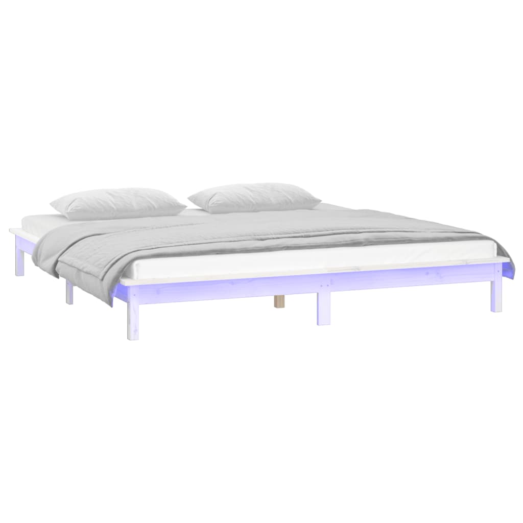 vidaXL Rama łóżka z LED, biała, 150x200 cm, King Size, lite drewno