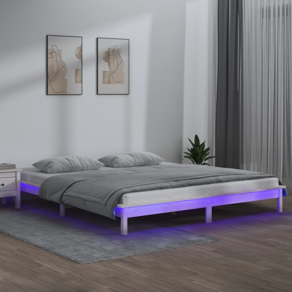 vidaXL Rama łóżka z LED, biała, 160x200 cm, lite drewno