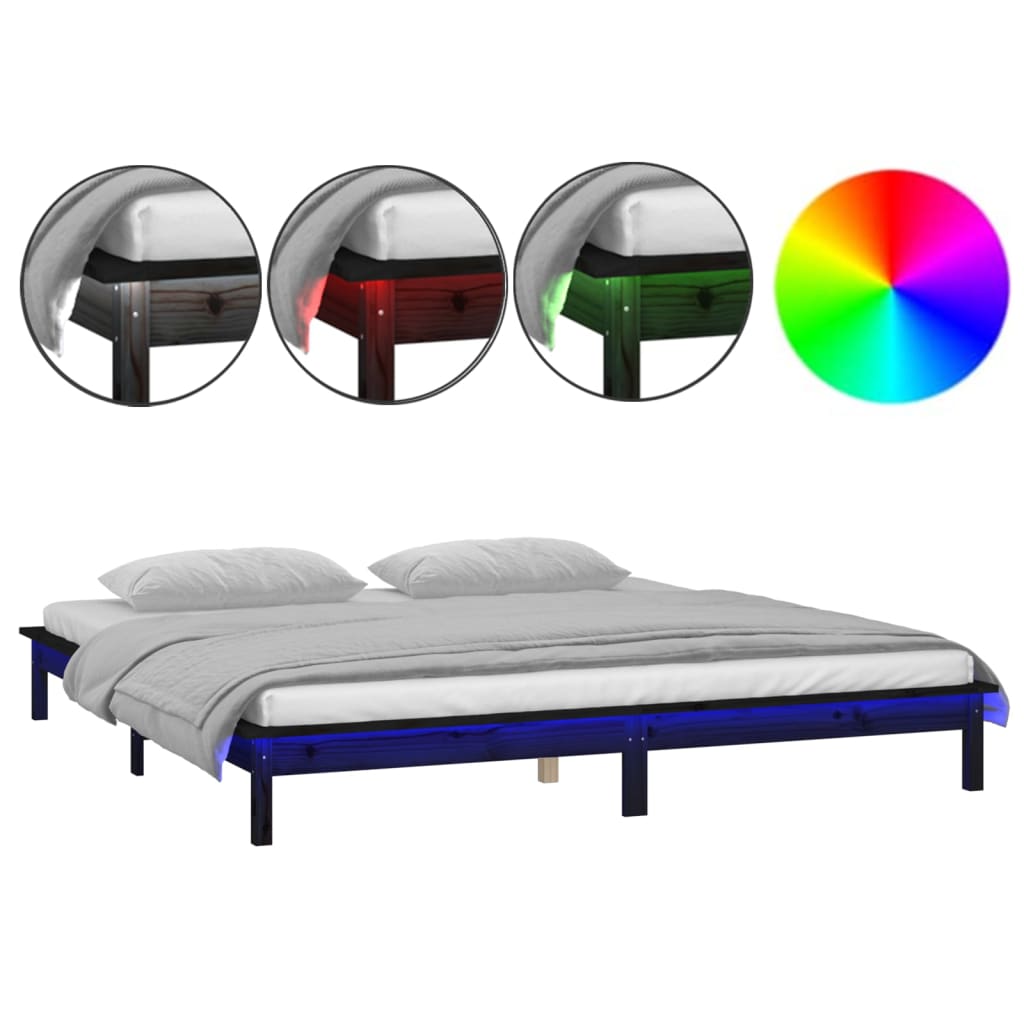 vidaXL Rama łóżka z LED, czarna, 160x200 cm, lite drewno