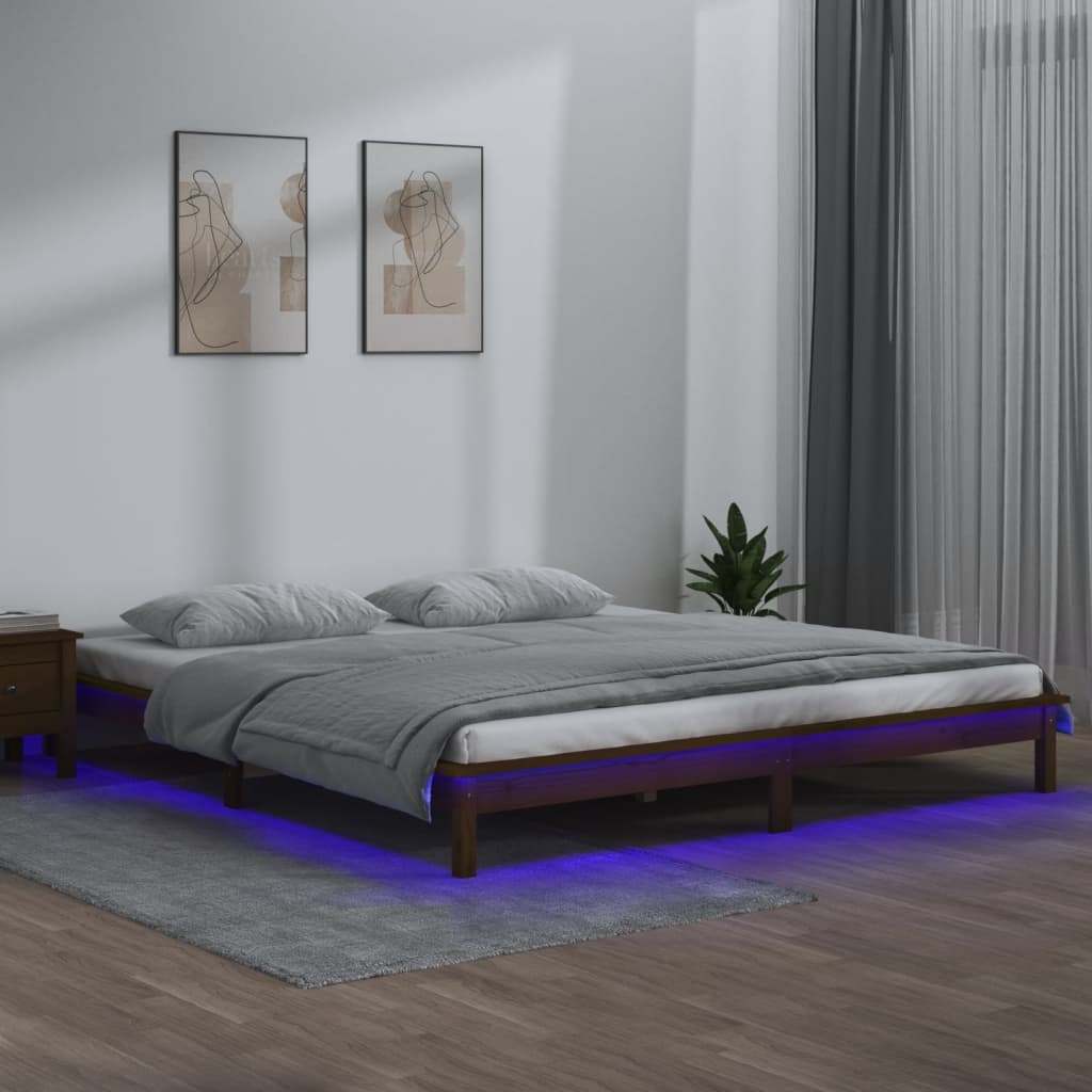 vidaXL Rama łóżka z LED, miodowy brąz, 200x200 cm, lite drewno