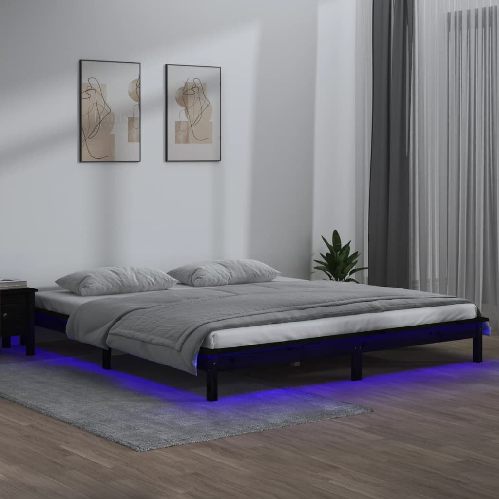 vidaXL Rama łóżka z LED, czarna, 200x200 cm, lite drewno