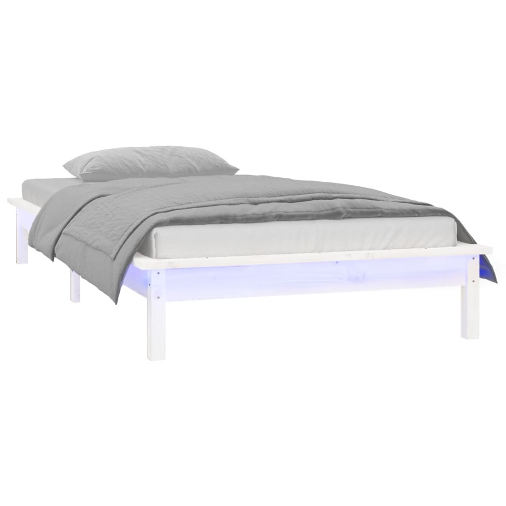 vidaXL Rama łóżka z LED, biała, 75x190 cm, pojedyncza, lite drewno