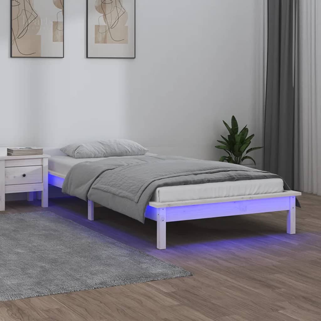 vidaXL Rama łóżka z LED, biała, 75x190 cm, pojedyncza, lite drewno