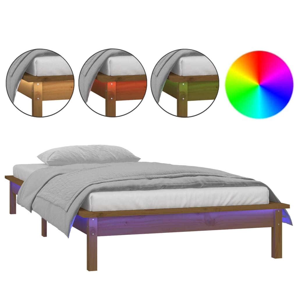 vidaXL Rama łóżka z LED, miodowy brąz 75x190 cm, pojedyncza, drewniana