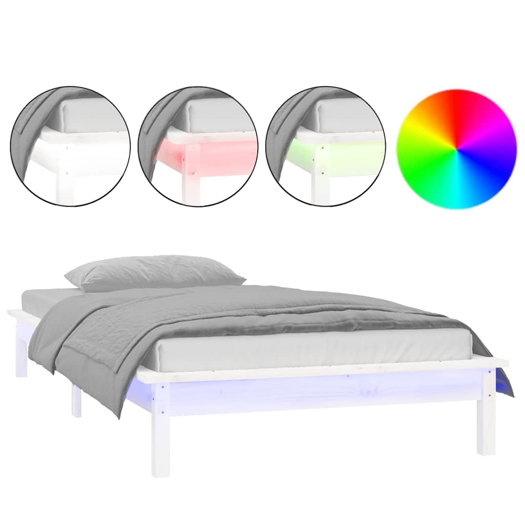 vidaXL Rama łóżka z LED, biała, 90x190 cm, pojedyncza, lite drewno