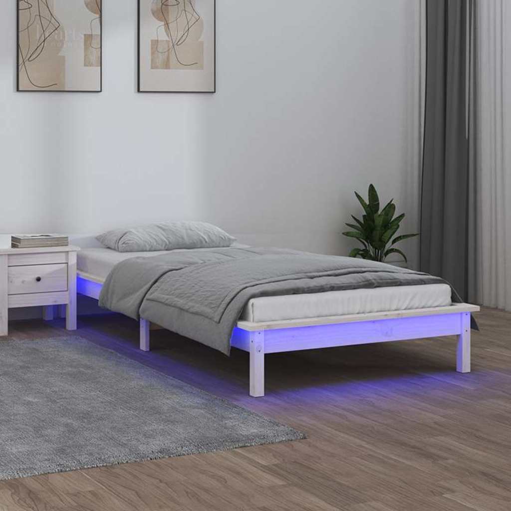 vidaXL Rama łóżka z LED, biała, 90x190 cm, pojedyncza, lite drewno