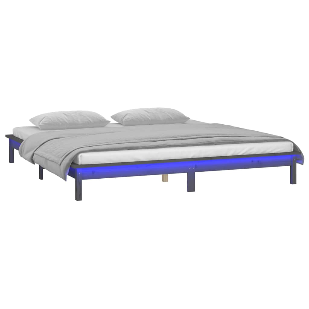 vidaXL Rama łóżka z LED, szara, 120x190 cm, podwójna, lite drewno