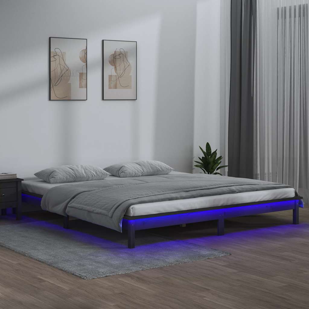 vidaXL Rama łóżka z LED, szara, 120x190 cm, podwójna, lite drewno