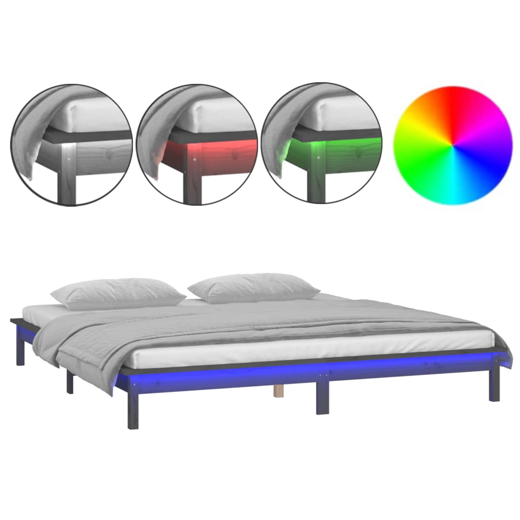 vidaXL Rama łóżka z LED, szara, 140x190 cm, lite drewno