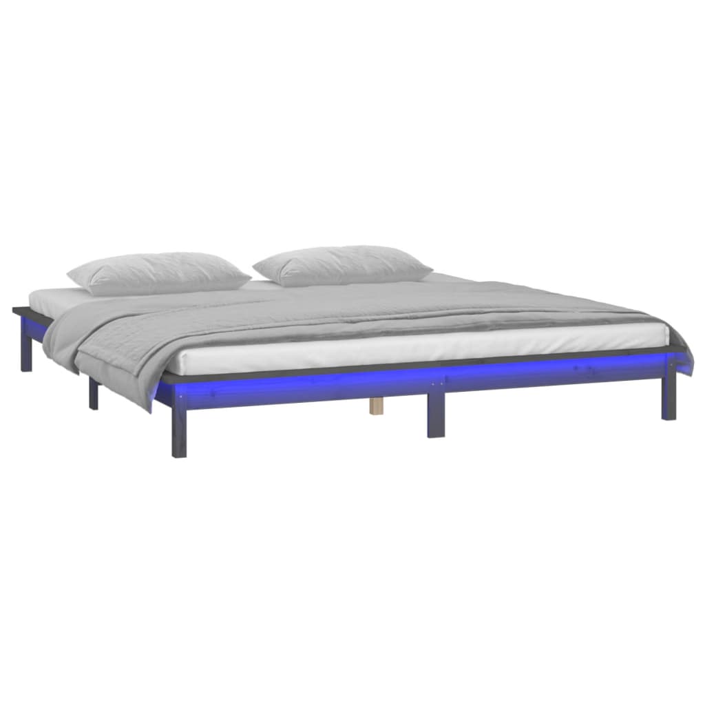 vidaXL Rama łóżka z LED, szara, 140x190 cm, lite drewno