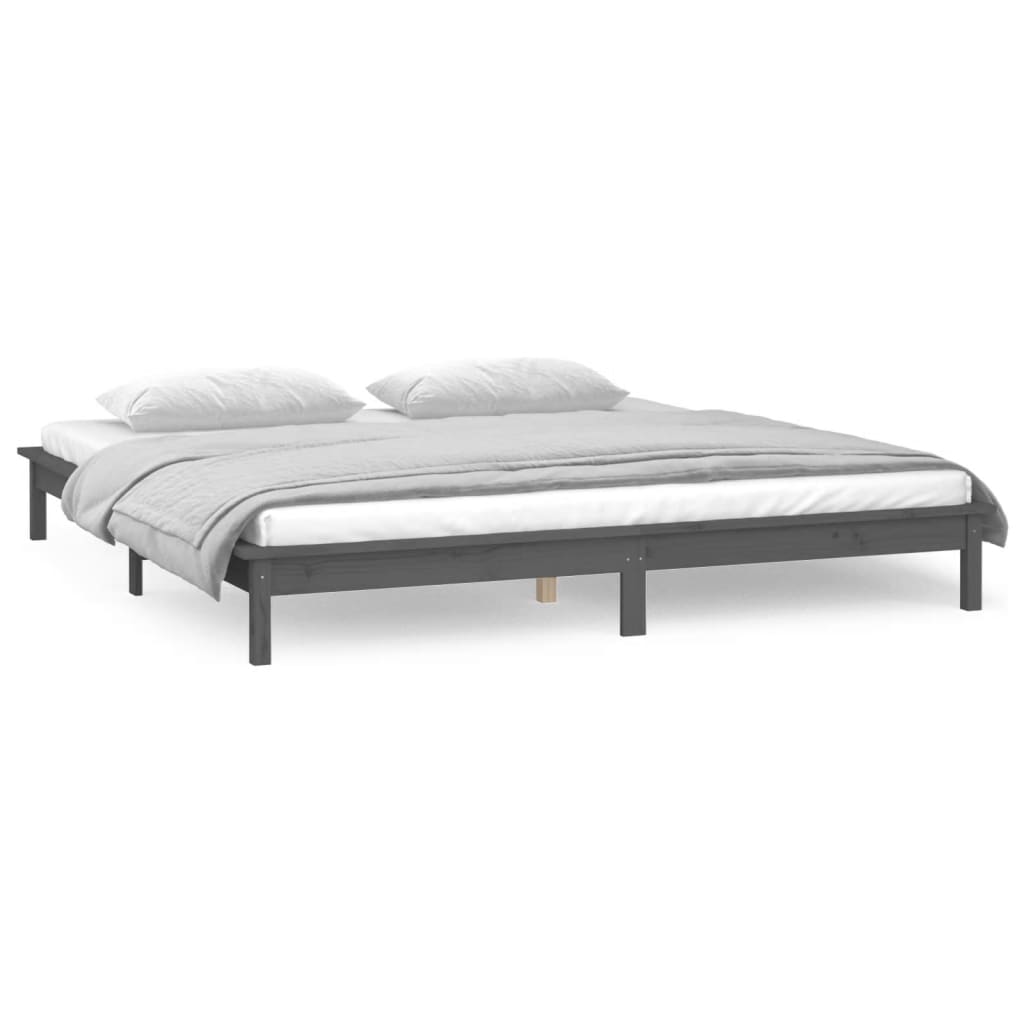 vidaXL Rama łóżka z LED, szara, 140x190 cm, lite drewno