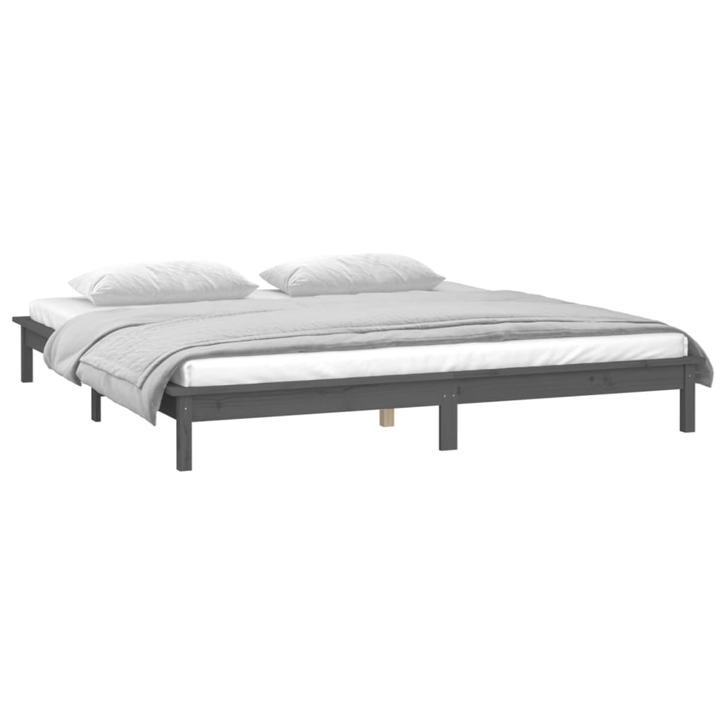 vidaXL Rama łóżka z LED, szara, 140x190 cm, lite drewno