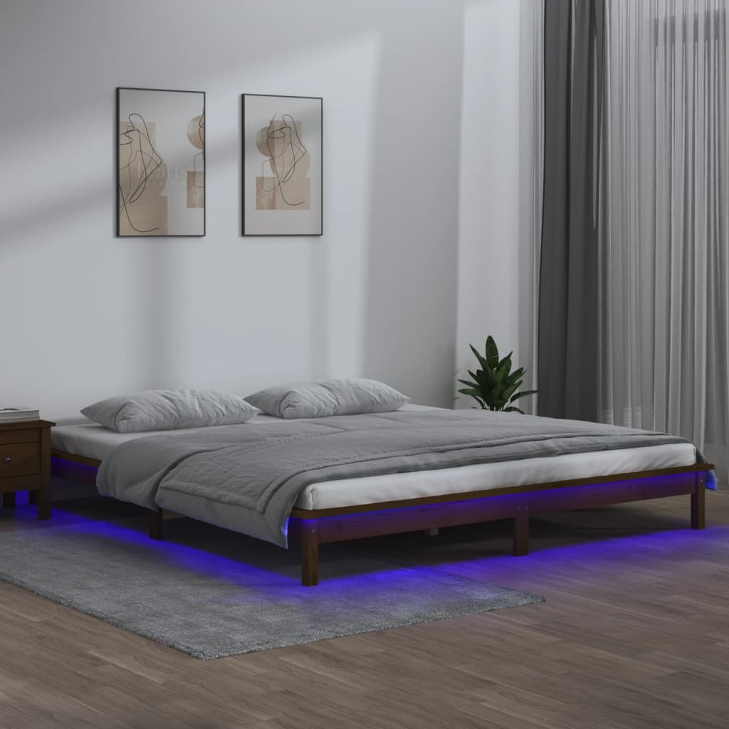 vidaXL Rama łóżka z LED, miodowy brąz, 140x190 cm, lite drewno