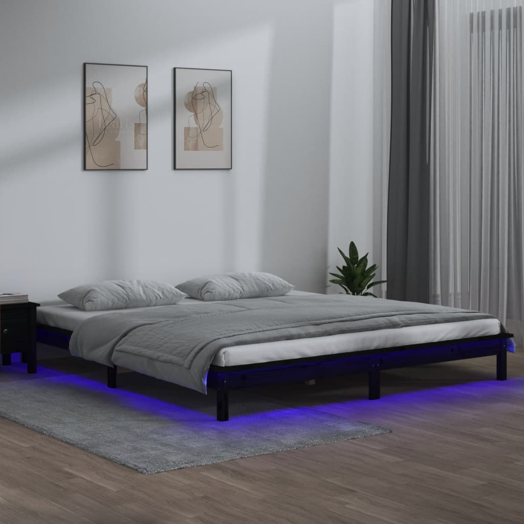 vidaXL Rama łóżka z LED, czarna, 140x190 cm, lite drewno
