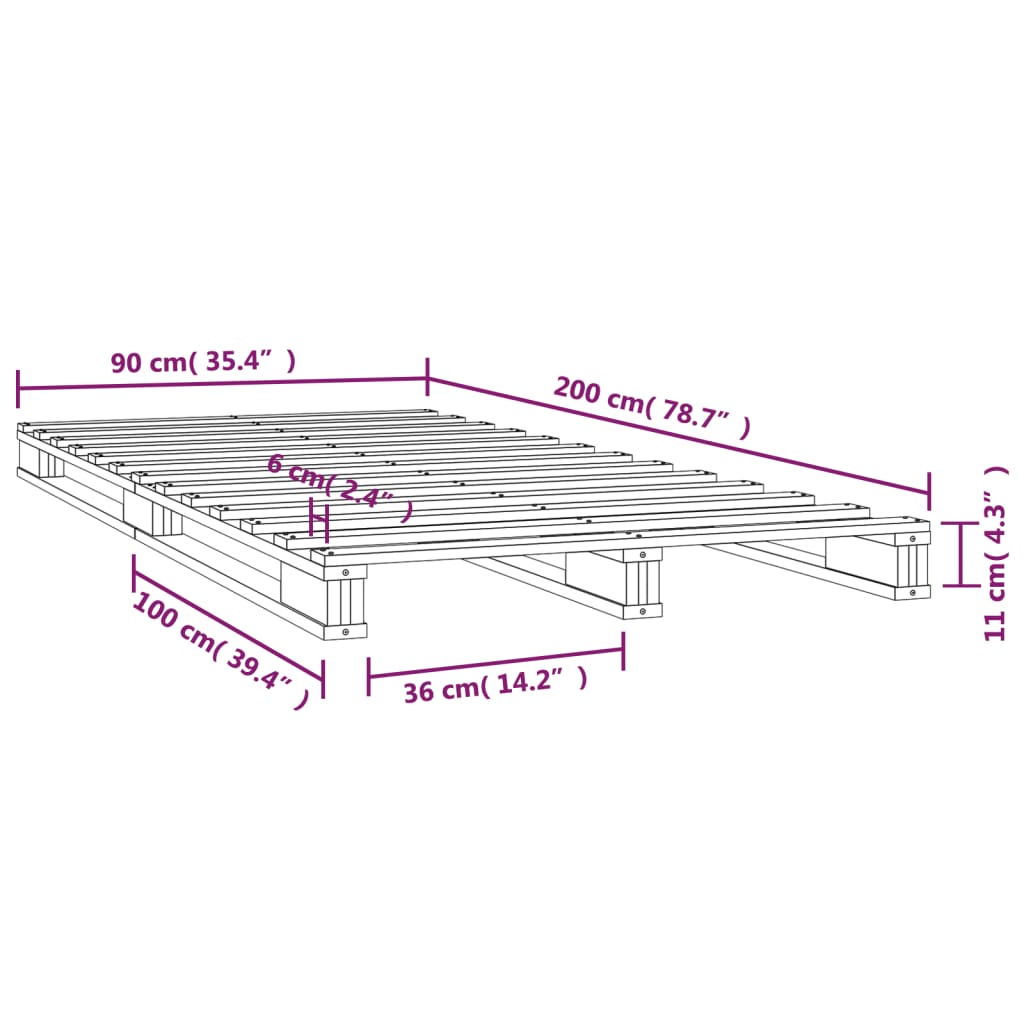 vidaXL Łóżko z palet, 90x200 cm, lite drewno sosnowe