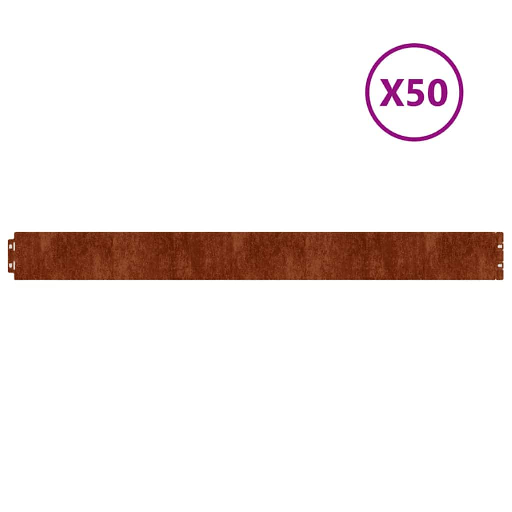 vidaXL Obrzeża trawnikowe, 50 szt., 10x103 cm, giętkie, stal Corten