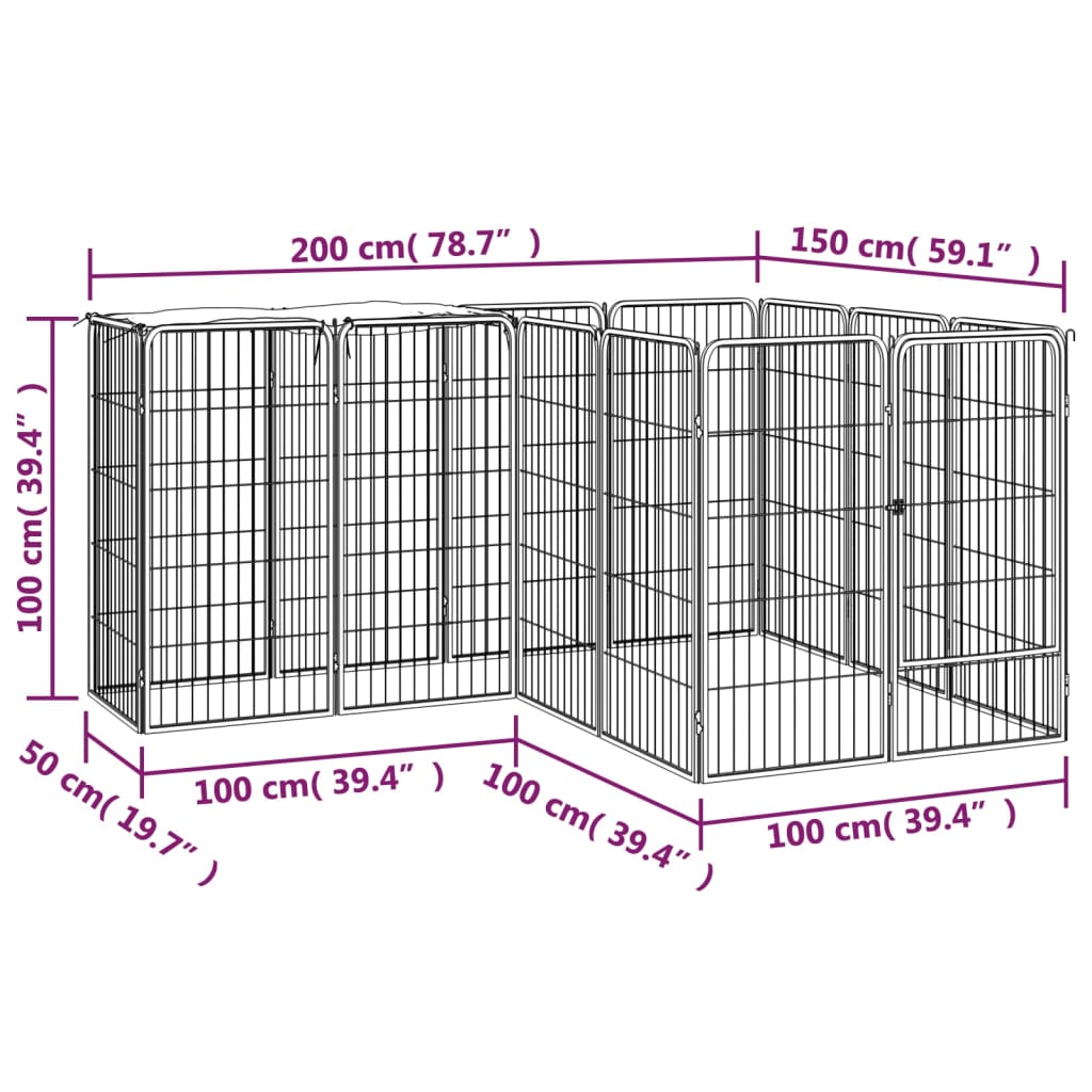 vidaXL Kojec dla psa, 14 paneli, czarny, 50x100 cm, stal