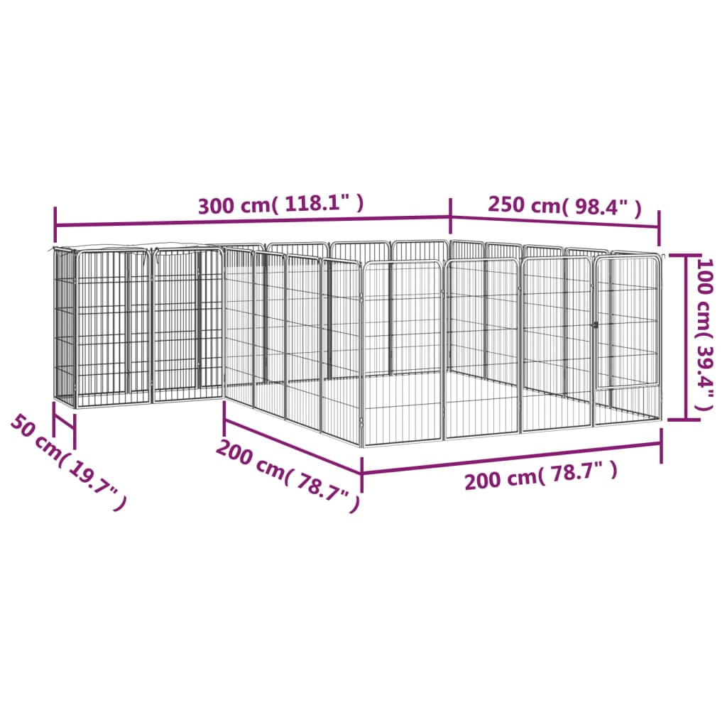 vidaXL Kojec dla psa, 22 paneli, czarny, 50x100 cm, stal