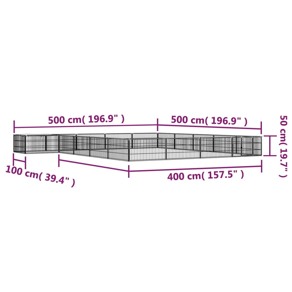 vidaXL Kojec dla psa, 20 panele, czarny, 100x50 cm, stal