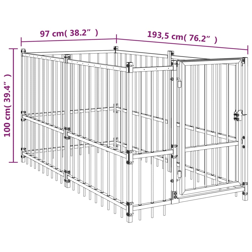 vidaXL Kojec dla psa, czarny, 193,5x97x100 cm, stalowy