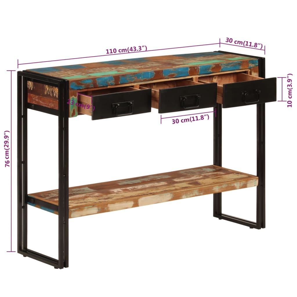 vidaXL Stolik konsolowy, 110x30x76 cm, lite drewno z odzysku