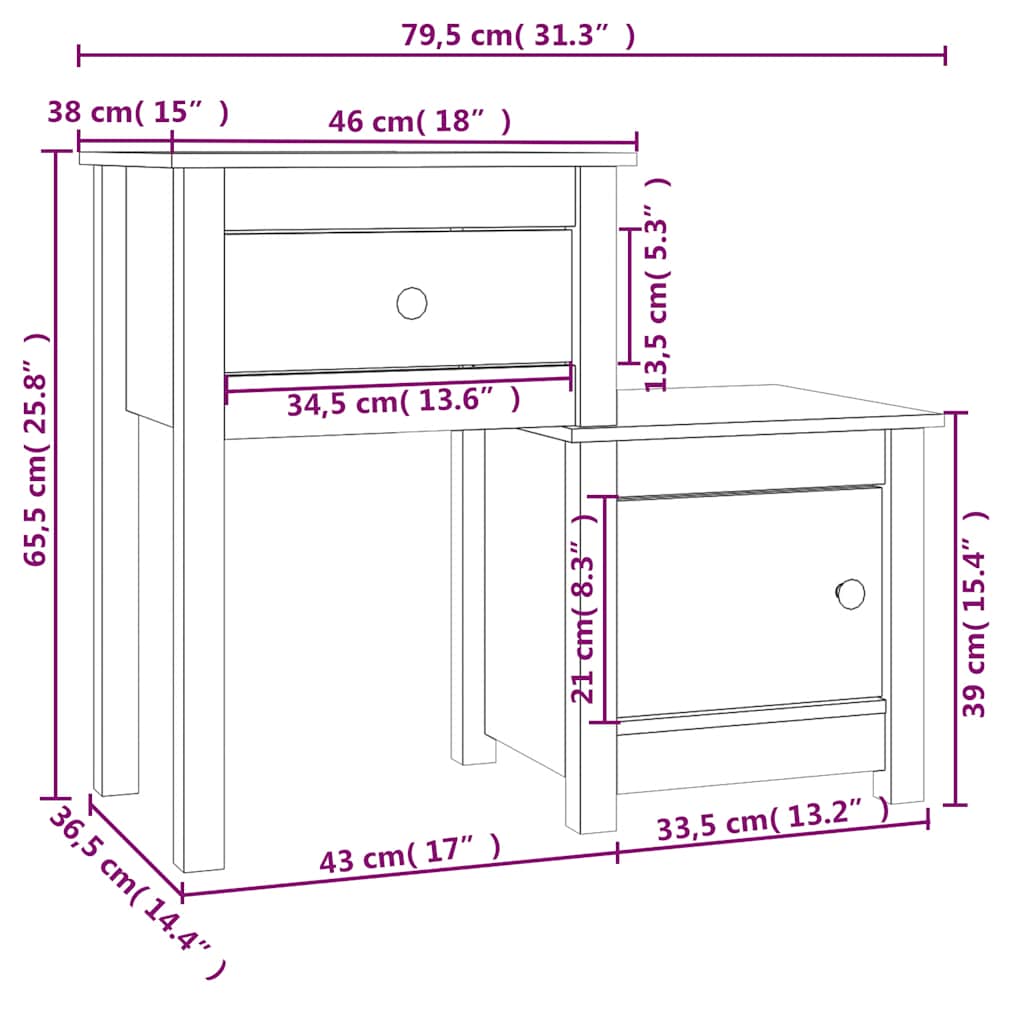 vidaXL Szafka nocna, 79,5x38x65,5 cm, lite drewno sosnowe