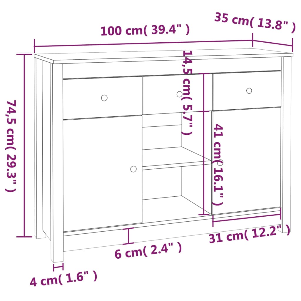 vidaXL Szafka, czarna, 100x35x74,5 cm, lite drewno sosnowe