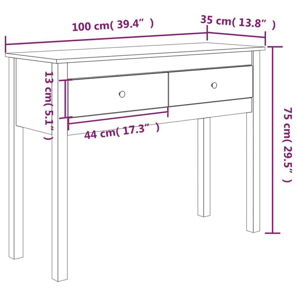 vidaXL Stolik konsolowy, 100x35x75 cm, lite drewno sosnowe