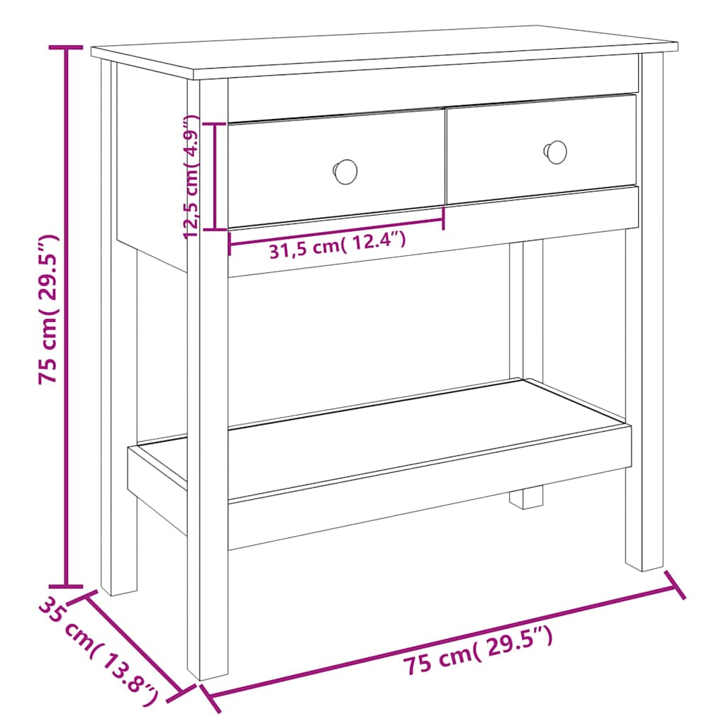 vidaXL Stolik konsolowy, biały, 75x35x75 cm, lite drewno sosnowe