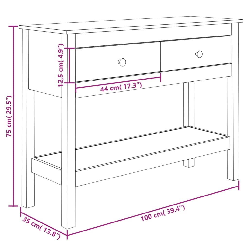 vidaXL Stolik konsolowy, 100x35x75 cm, lite drewno sosnowe