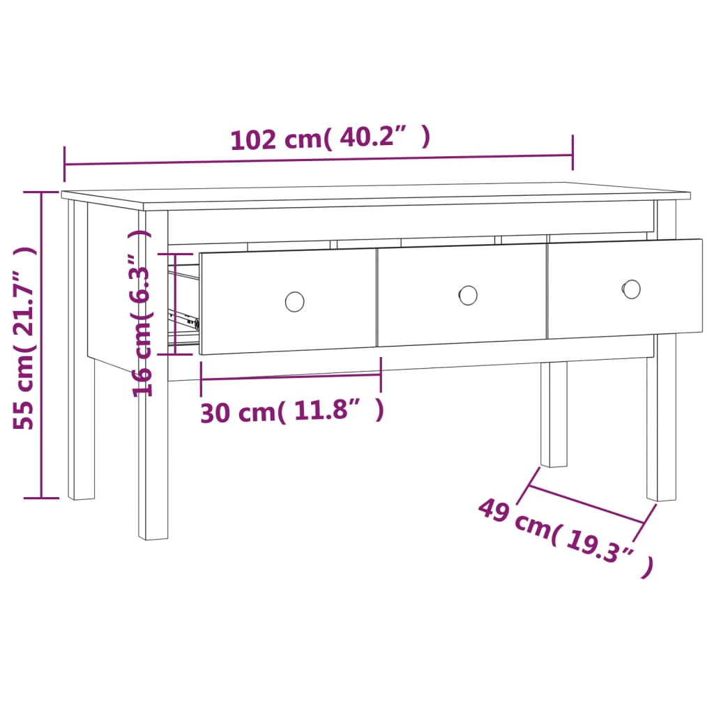vidaXL Stolik kawowy, czarny, 102x49x55 cm, lite drewno sosnowe
