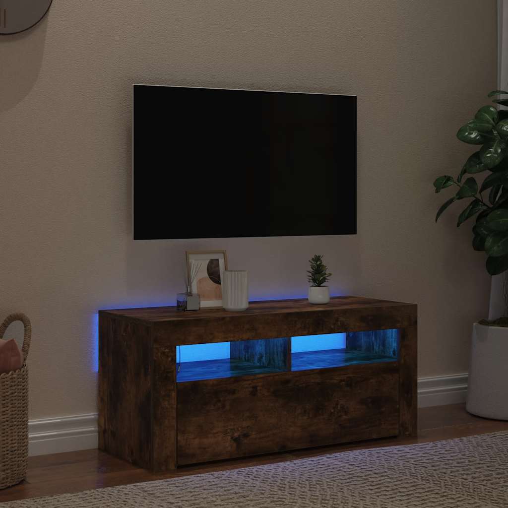 vidaXL Szafka pod TV z oświetleniem LED, przydymiony dąb, 90x35x40 cm
