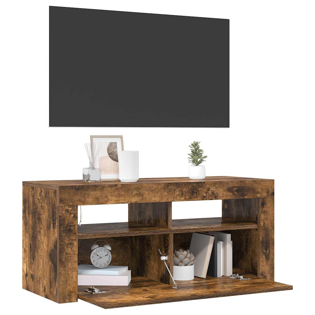 vidaXL Szafka pod TV z oświetleniem LED, przydymiony dąb, 90x35x40 cm