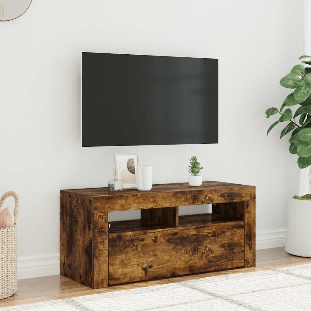 vidaXL Szafka pod TV z oświetleniem LED, przydymiony dąb, 90x35x40 cm
