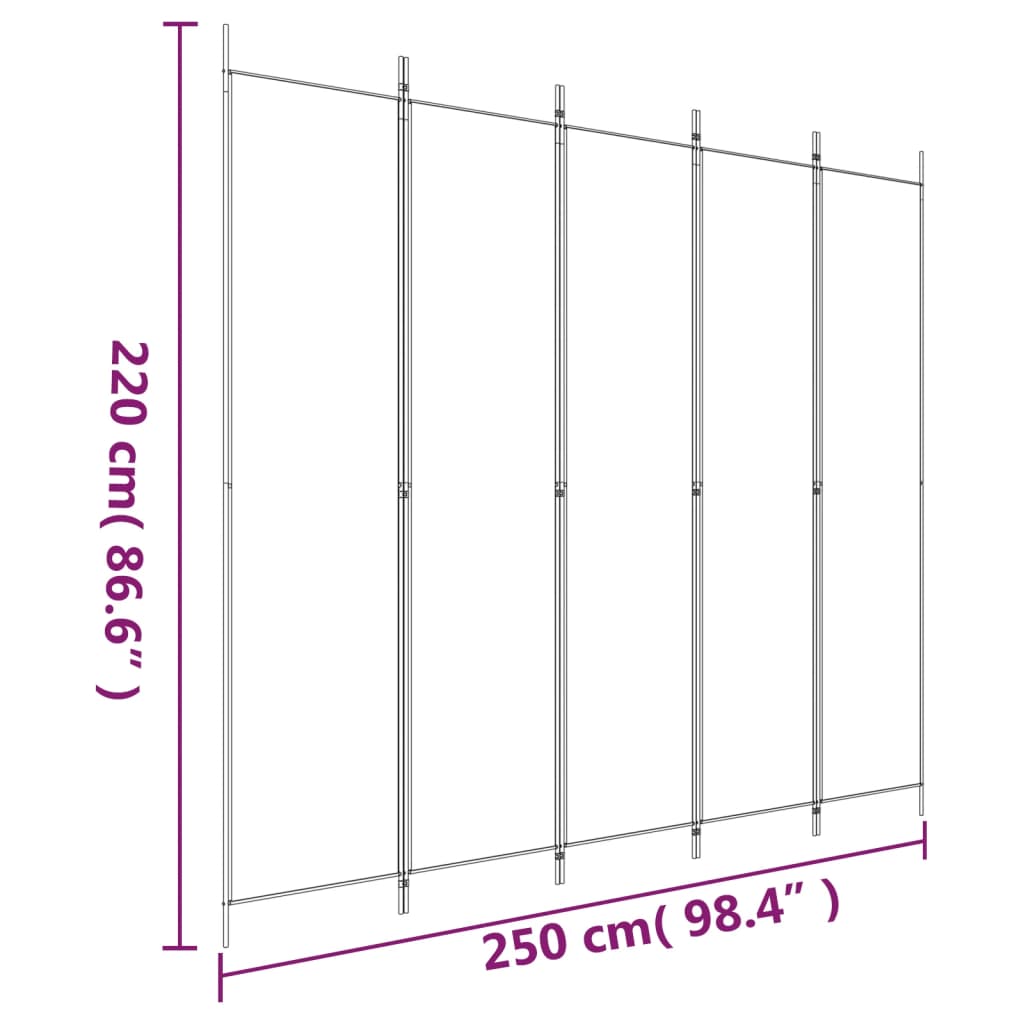 vidaXL Parawan 5-panelowy, biały, 250x220 cm, tkanina