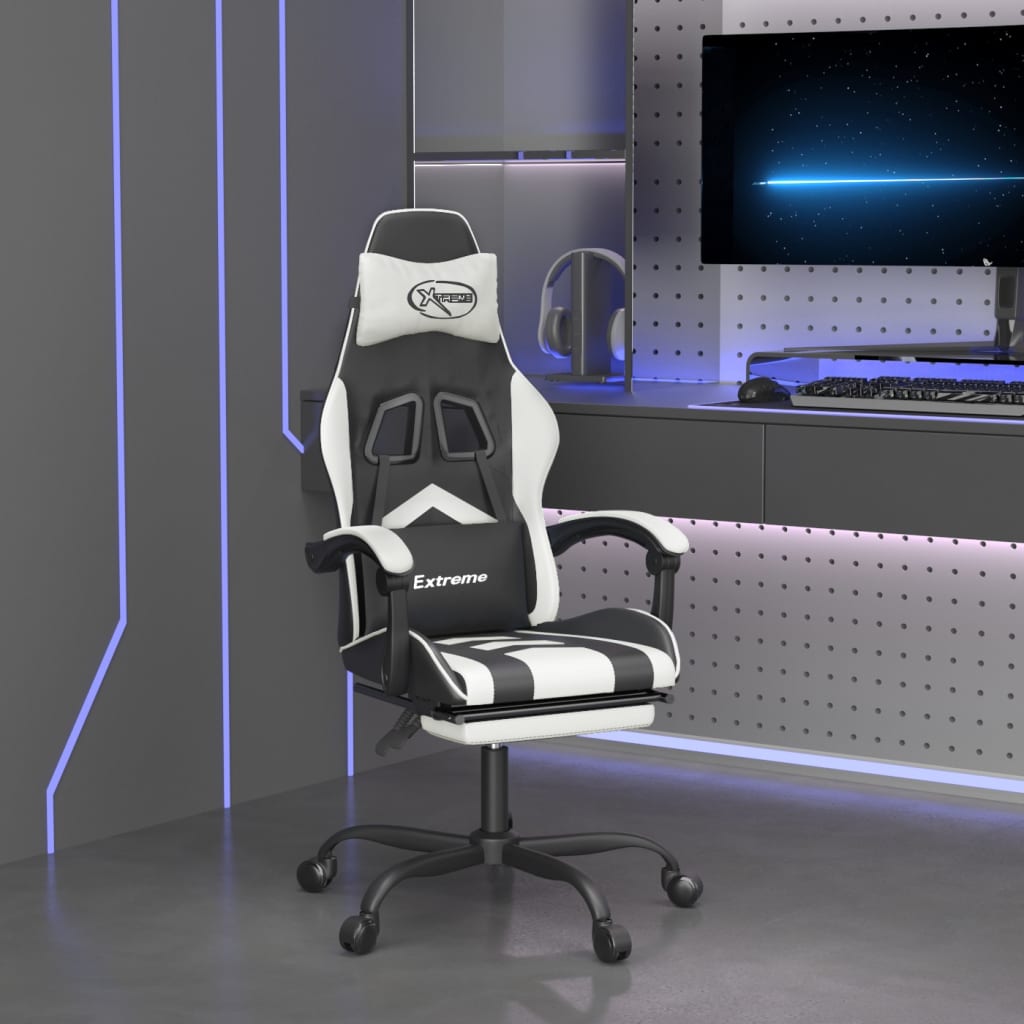 vidaXL Obrotowy fotel gamingowy z podnóżkiem, czarno-biały