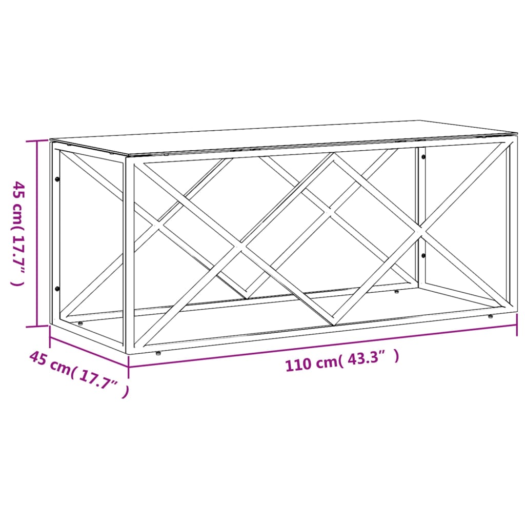vidaXL Stolik kawowy, 110x45x45 cm, stal nierdzewna i szkło