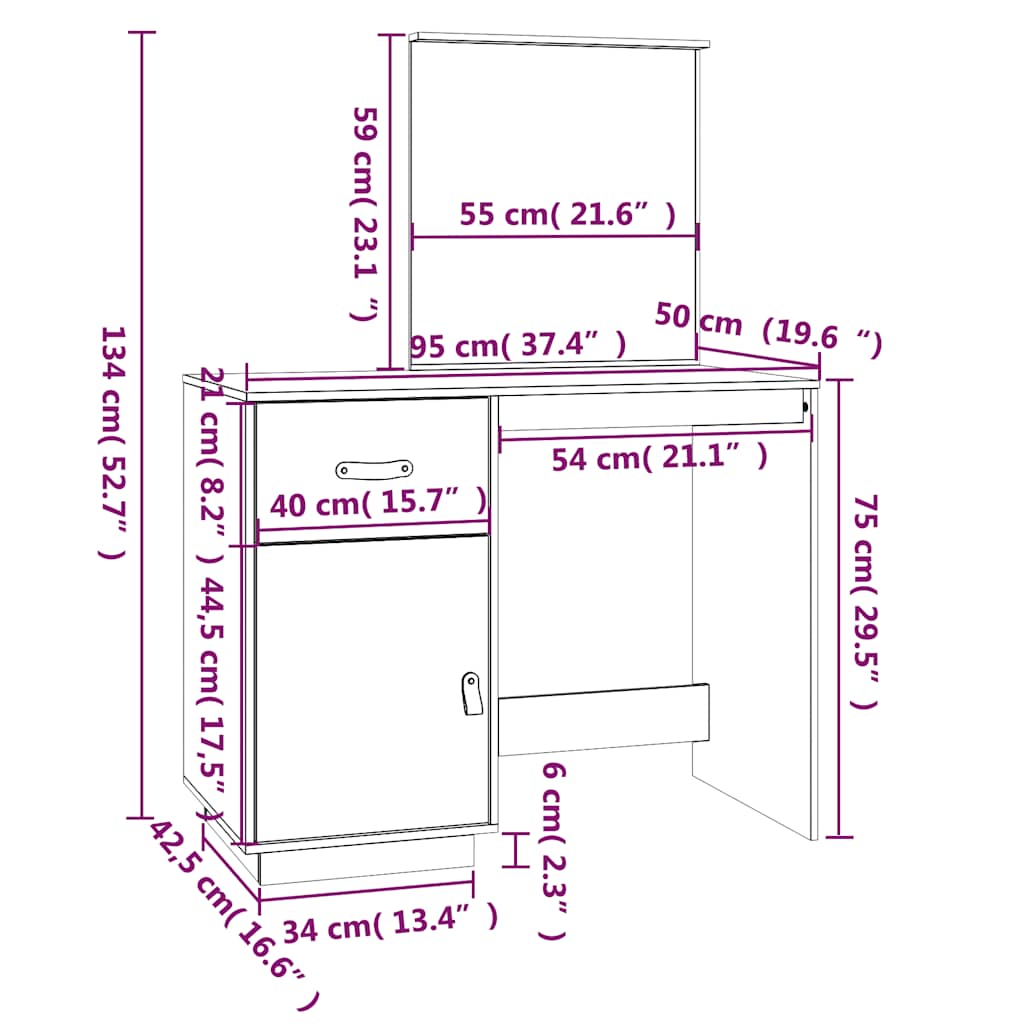 vidaXL Toaletka, 95x50x134 cm, lite drewno sosnowe